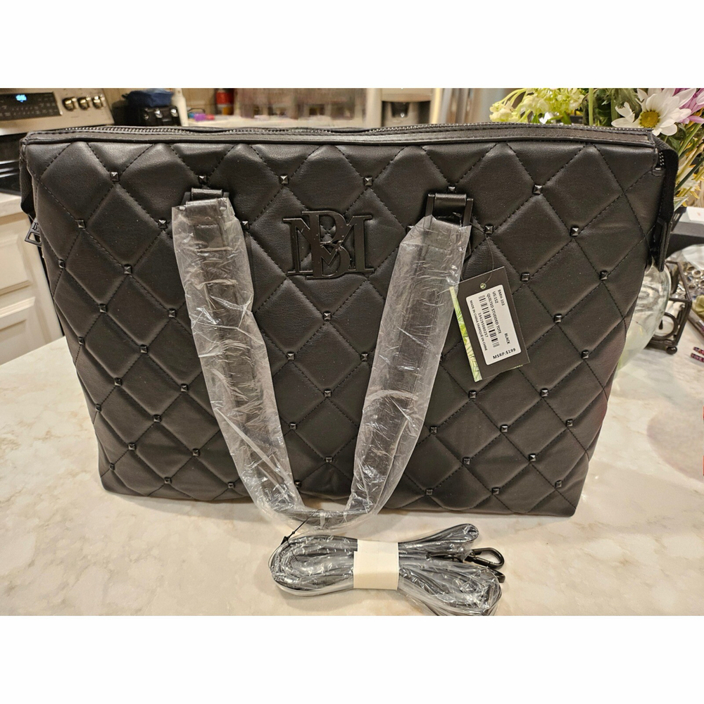 Badgley Mischka Tote Bag Quilted Studded Vegan Leather Satchel Black